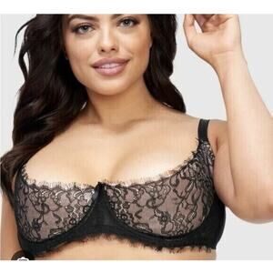 Frederick’s of Hollywood Mindy Lace Underwire Bra 34F Black Nude Mesh Sheer NWT
